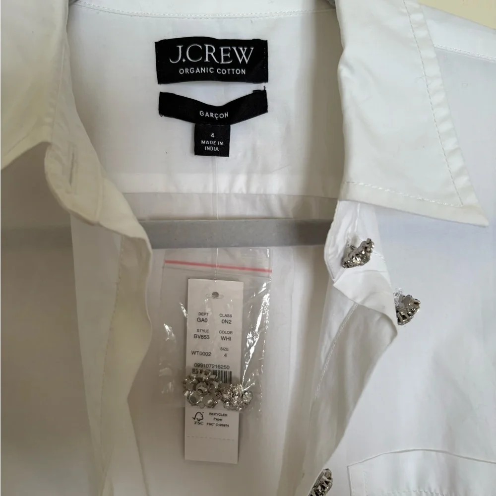 J. Crew Classic White Organic Cotton Jeweled Button-Down Shirt Size 4 NWT - Picture 3 of 6